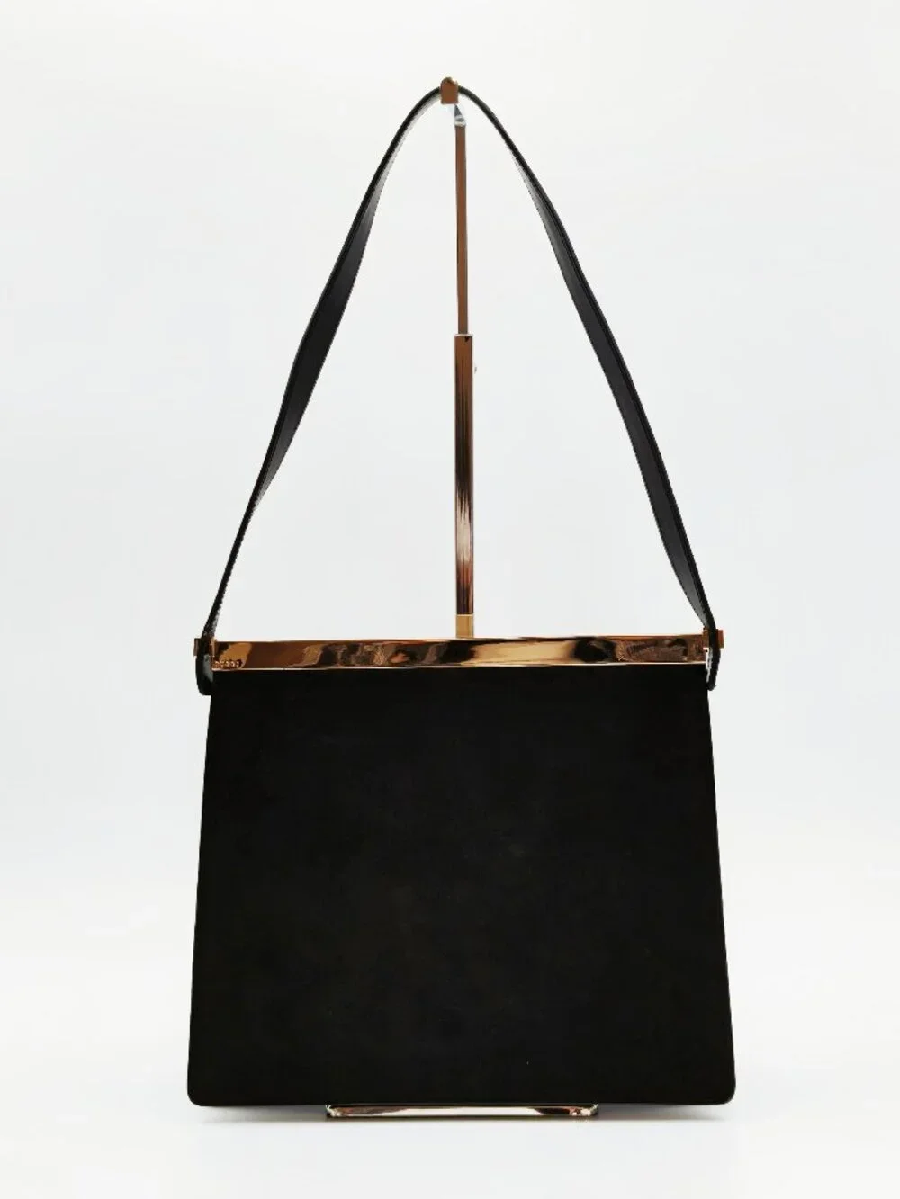 Gucci Vintage Black Suede Shoulder Bag Gold Tone Bar Top Minimalist Evening Bag